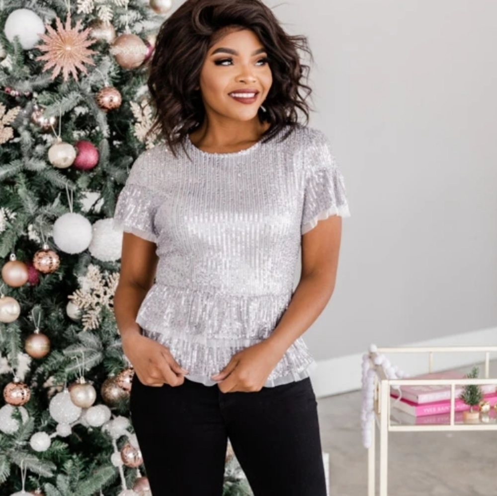 Silver sequin peplum blouse